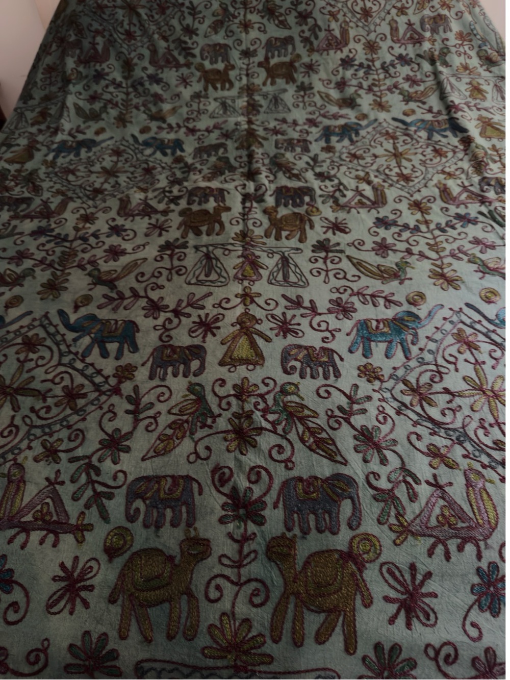 Vintage Indian Tapestry Bedspread Hand Embroidered  Suzani Cloth 84" x 88"